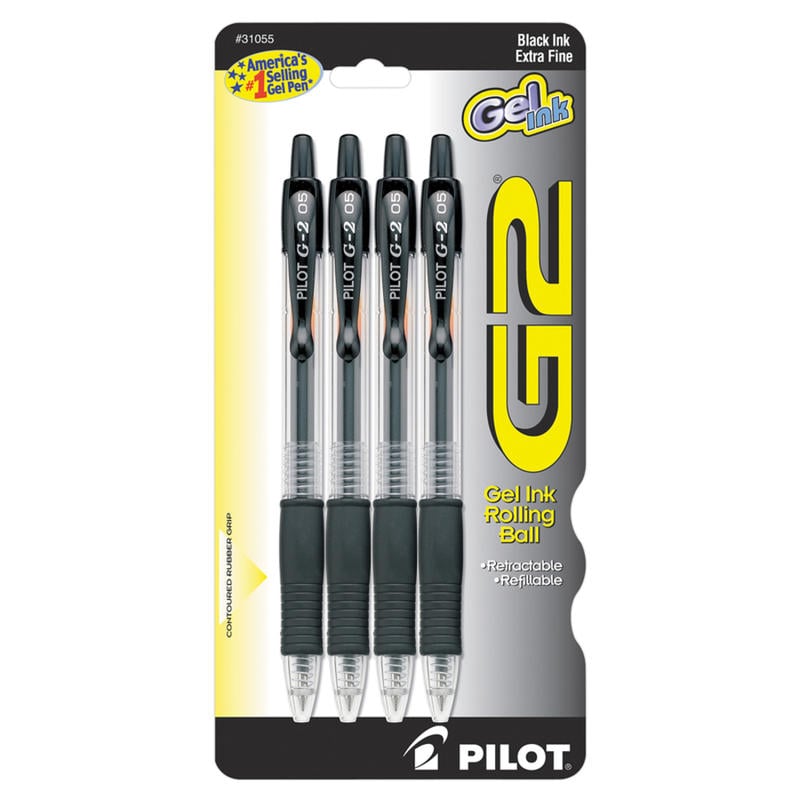 Pilot G2 Retractable Gel Pens, Extra Fine Point, 0.5 mm, Black Barrels, Black Ink, Pack Of 4 (Min Order Qty 11) MPN:31055