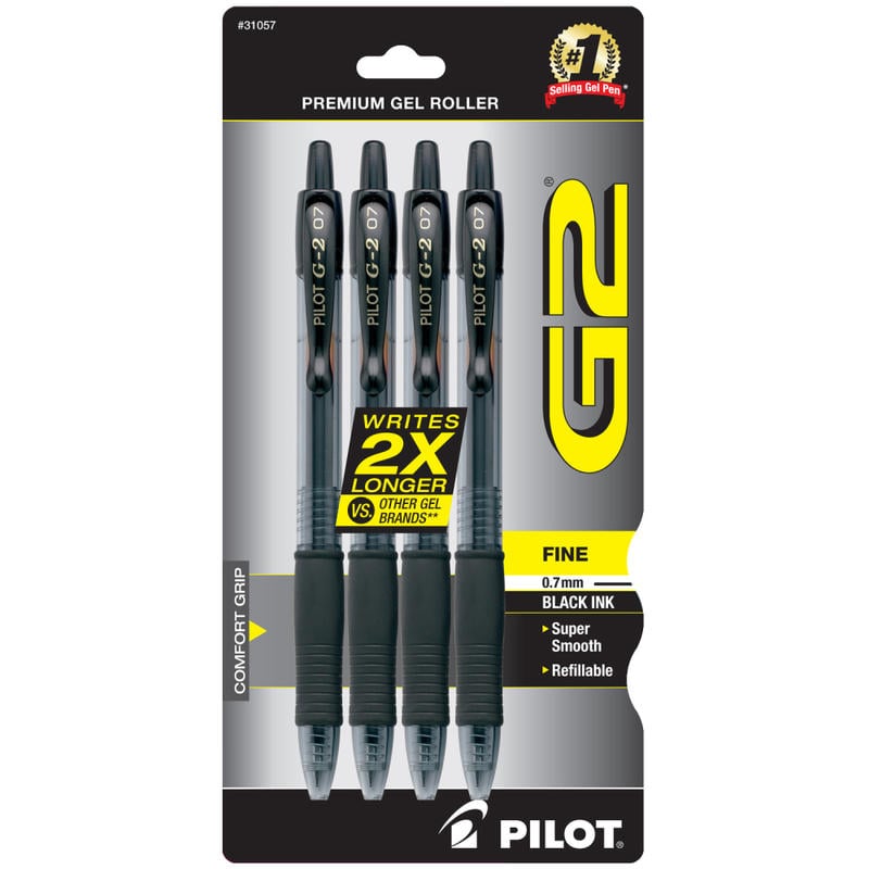 Pilot G2 Retractable Gel Pens, Fine Point, 0.7mm, Clear Barrels, Black Ink, Pack Of 4 Pens (Min Order Qty 11) MPN:31057