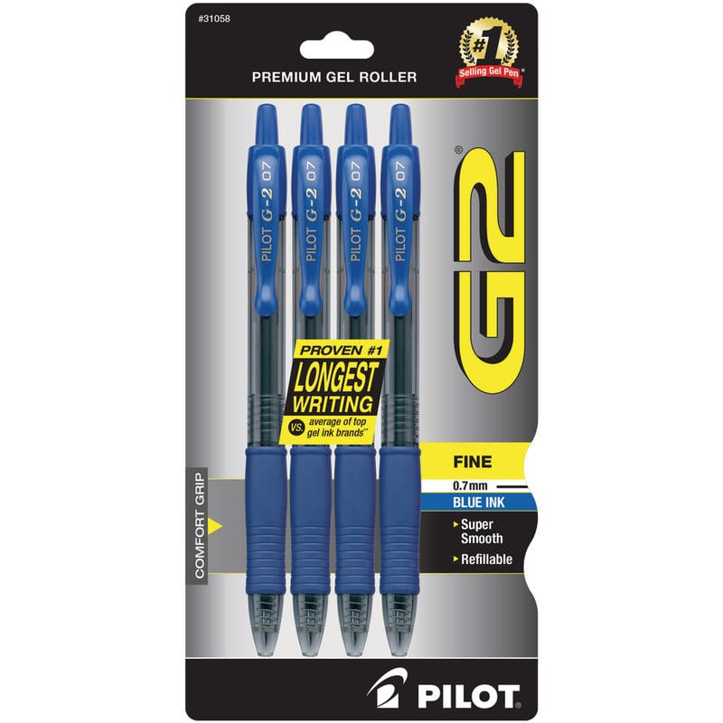 Pilot G2 Retractable Gel Pens, Fine Point, 0.7 mm, Clear Barrels, Blue Ink, Pack Of 4 Pens (Min Order Qty 11) MPN:31058