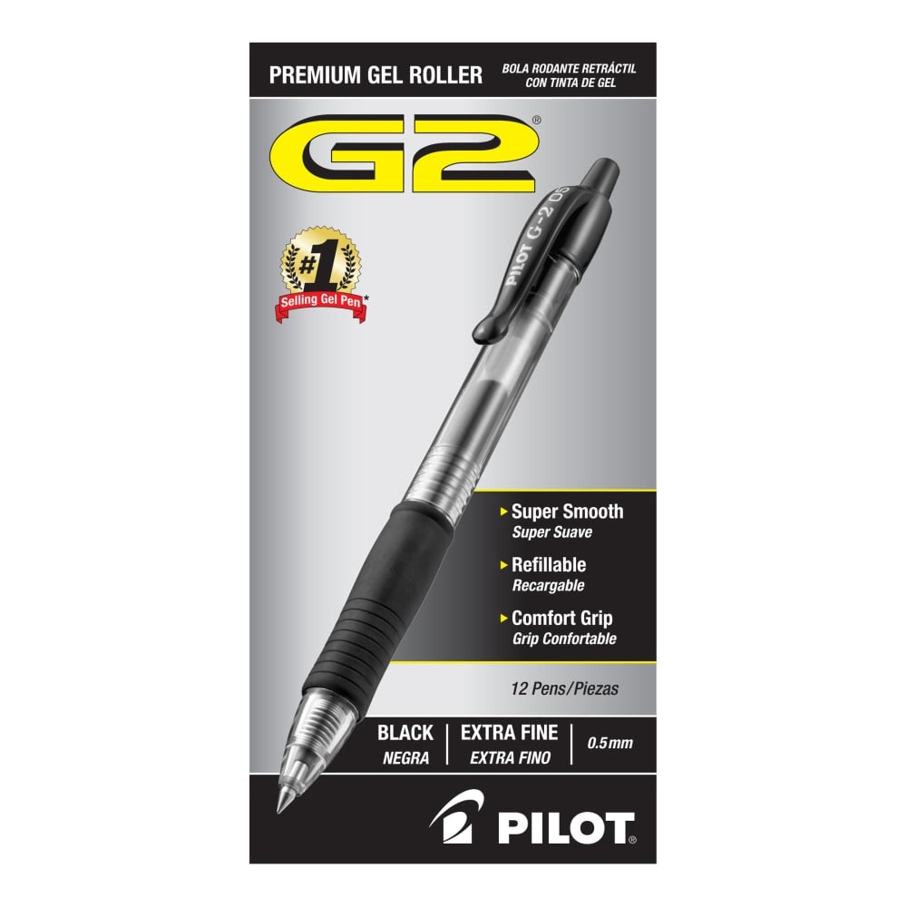 Pilot G2 Retractable XFine Gel Ink Rollerball Pens, Extra Fine Point, 0.5 mm, Black Ink, Pack Of 12 Pens (Min Order Qty 4) MPN:31103