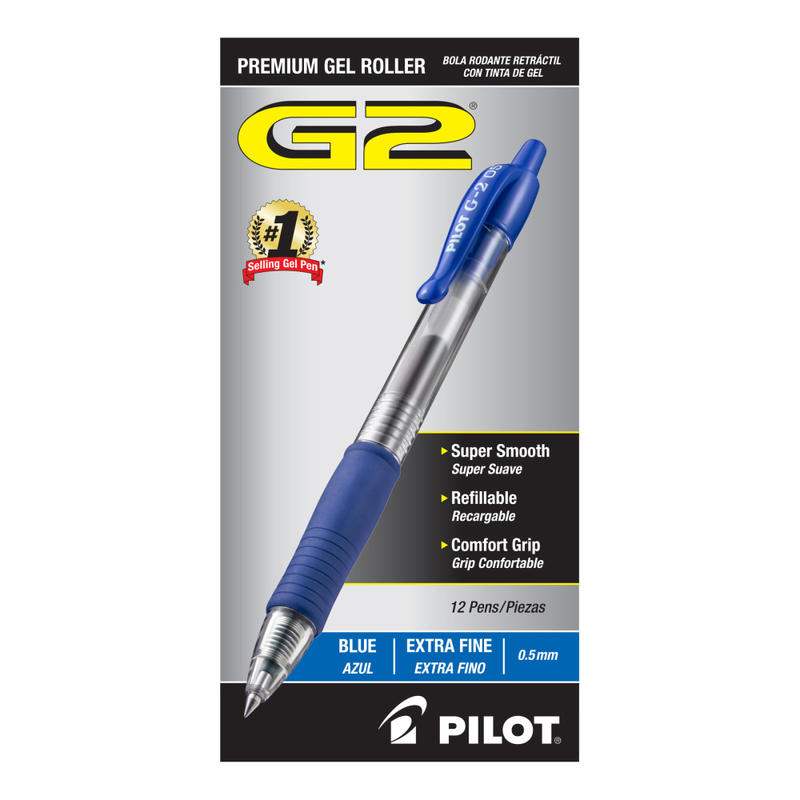 Pilot G2 Retractable XFine Gel Rollerball Pens, Pack Of 12, Extra Fine Point, 0.5 mm, Blue Ink (Min Order Qty 3) MPN:31104