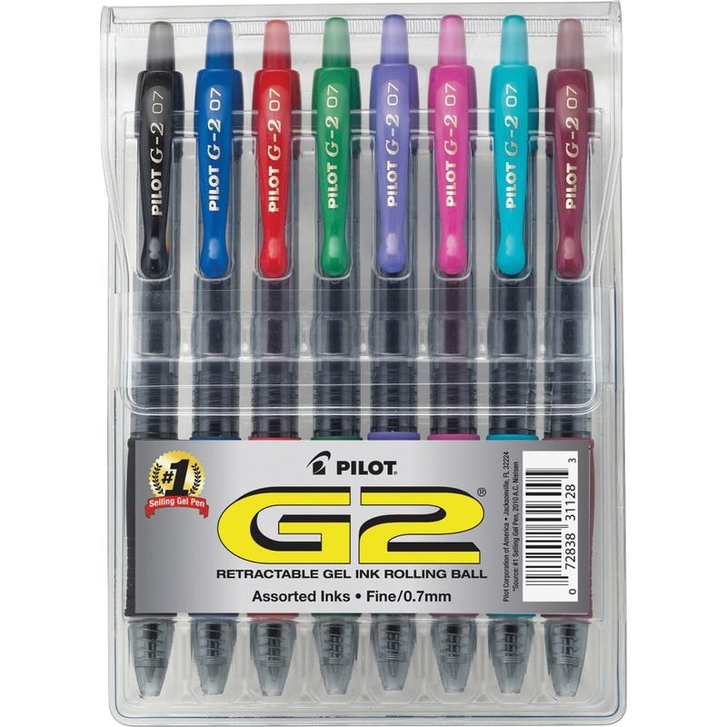 Pilot G2 Retractable Gel Pens, Fine Point, 0.7 mm, Clear Barrels, Assorted Ink, Pack Of 8 Pens (Min Order Qty 6) MPN:31128