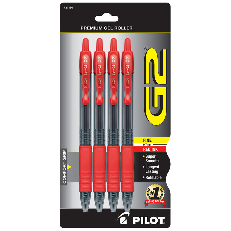 Pilot G2 Retractable Gel Pens, Fine Point, 0.7 mm, Clear Barrels, Red Ink, Pack Of 4 (Min Order Qty 11) MPN:31191