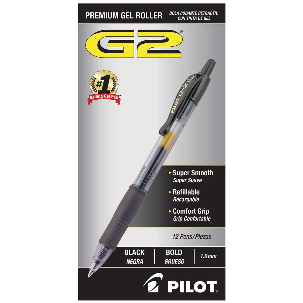 Pilot G2 Retractable Gel Pens, Bold Point, 1.0 mm, Clear Barrels, Black Ink, Pack Of 12 Pens (Min Order Qty 4) MPN:31256