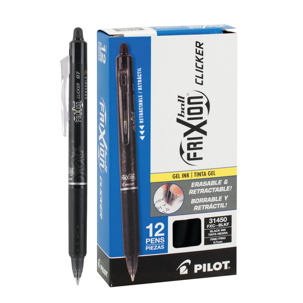 Pilot FriXion Ball Clicker Erasable Retractable Gel Pens, Pack of 12, Fine Point, 0.7 mm, Black Barrels, Black Ink (Min Order Qty 3) MPN:31450