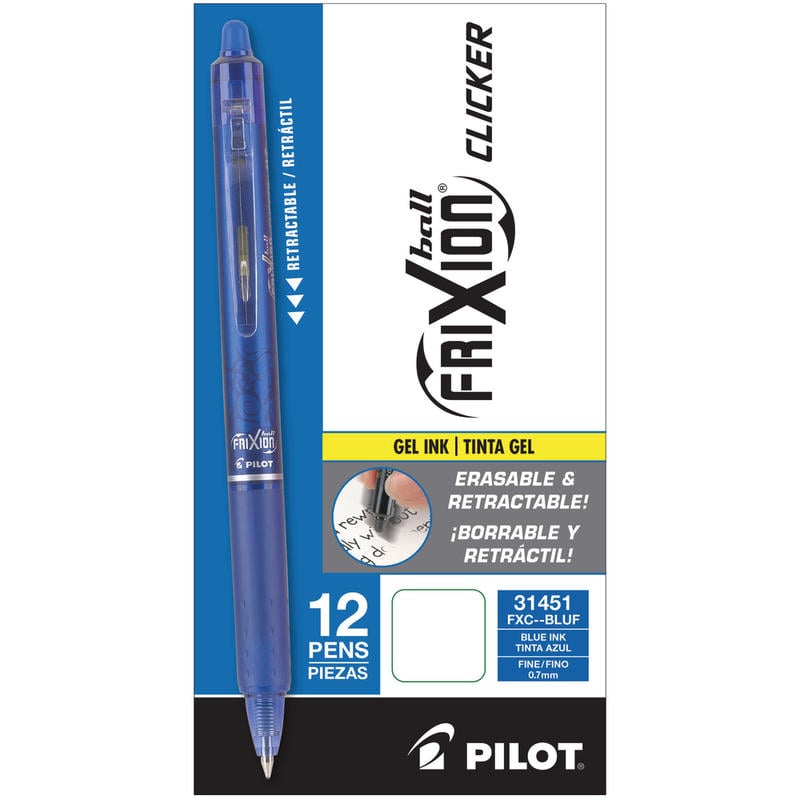 Pilot FriXion Ball Clicker Erasable Retractable Gel Pens, Pack of 12, Fine Point, 0.7 mm, Blue Barrel, Blue Ink (Min Order Qty 3) MPN:31451