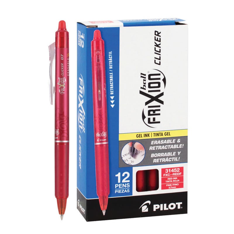 Pilot FriXion Ball Clicker Erasable Retractable Gel Pens, Pack of 12, Fine Point, 0.7 mm, Red Barrels, Red Ink (Min Order Qty 3) MPN:31452