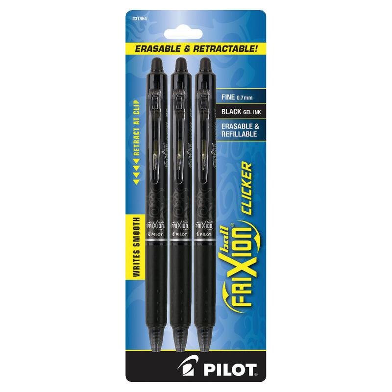 Pilot FriXion Ball Clicker Erasable Retractable Gel Pens, Pack of 3, Fine Point, 0.7 mm, Black Barrels, Black Ink (Min Order Qty 11) MPN:31464