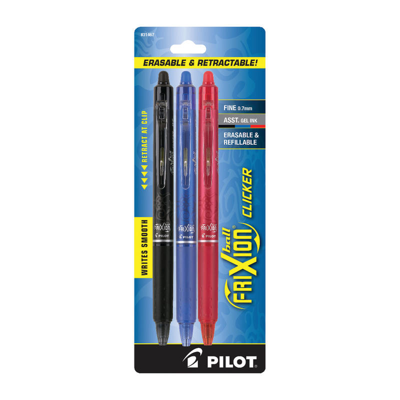 Pilot FriXion Ball Clicker Erasable Retractable Gel Pens, Pack of 3, Fine Point, 0.7 mm, Classic Assorted Barrels, Assorted Ink Colors (Min Order Qty 11) MPN:31467