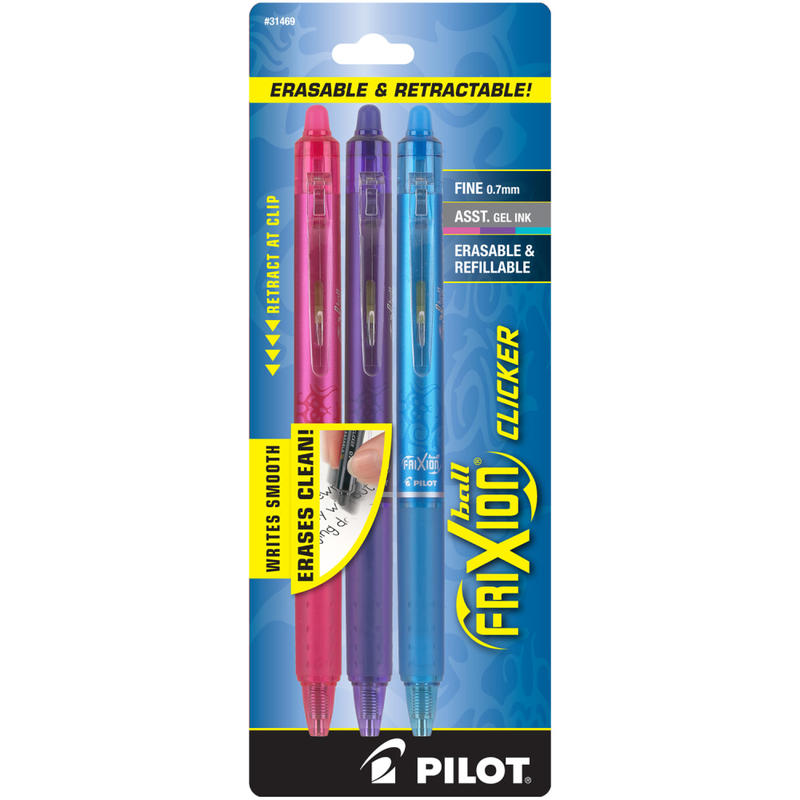 Pilot FriXion Ball Clicker Erasable Retractable Gel Pens, Pack of 3, Fine Point, 0.7 mm, Bright Assorted Barrels, Assorted Ink Colors (Min Order Qty 11) MPN:31469