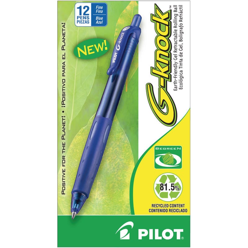 Pilot G-Knock BeGreen Gel Rollerball Pen, Fine Point, 0.7 mm, Blue Barrel, Blue Ink, Pack Of 12 (Min Order Qty 4) MPN:31507