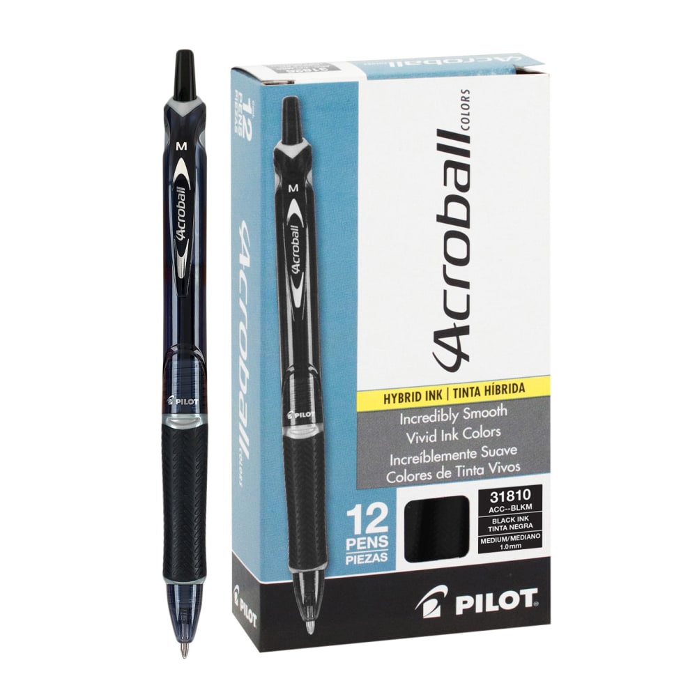 Pilot Acroball Colors Retractable Advanced Ink Pens, Medium Point, 1.0 mm, Black Barrel, Black Ink, Pack of 12 Pens (Min Order Qty 4) MPN:31810UOM