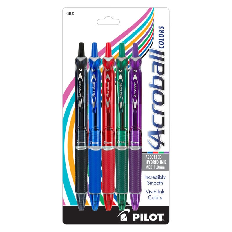 Pilot Acroball Retractable Hybrid Gel Pens, Medium Point, 1.0 mm, Assorted Barrels, Assorted Ink Colors, Pack Of 5 Pens (Min Order Qty 7) MPN:31820