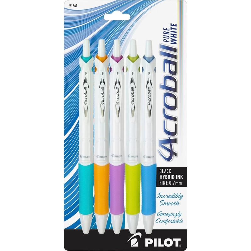 Pilot Acroball Retractable Pens, Fine Point, 0.7 mm, White Barrel, Black Ink, Pack Of 5 Pens (Min Order Qty 7) MPN:31861