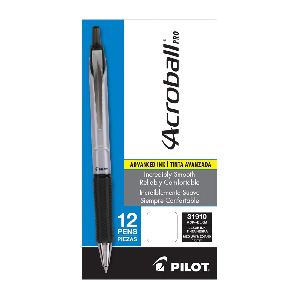 Acroball Pro Retractable Pens, Medium Point, 1.0 mm, Silver Barrel, Black Ink, Pack Of 12 Pens (Min Order Qty 3) MPN:31910