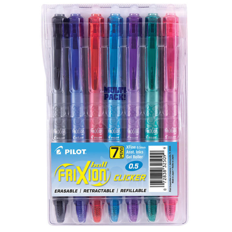 Pilot FriXion Ball Clicker Erasable Retractable Gel Pens, Pack of 7, Extra Fine Point, 0.5 mm, Assorted Barrels, Assorted Ink Colors (Min Order Qty 5) MPN:32509