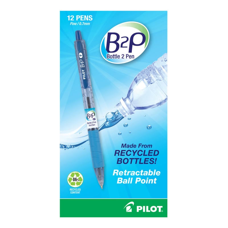 Pilot Bottle To Pen B2P Retractable Ballpoint Pens, Fine Point, 0.7 mm, Blue Ink, Pack Of 12 Pens (Min Order Qty 6) MPN:32601