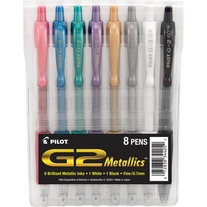 Pilot G2 Metallics Gel Pens, Fine Point, 0.7 mm, Assorted Barrel Colors, Assorted Ink Colors, Pack Of 8 Pens (Min Order Qty 4) MPN:34405