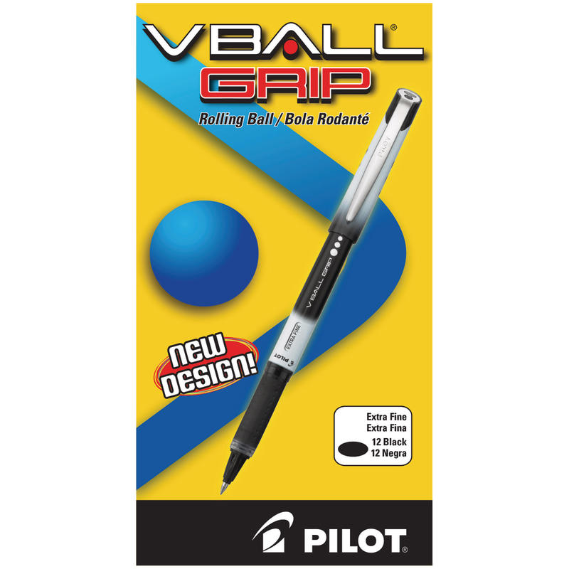 Pilot V-Ball Grip Liquid Ink Rollerball Pens, Extra Fine Point, 0.5 mm, Metallic Silver/Gray Barrel, Black Ink, Pack Of 12 Pens (Min Order Qty 4) MPN:35470-DZ