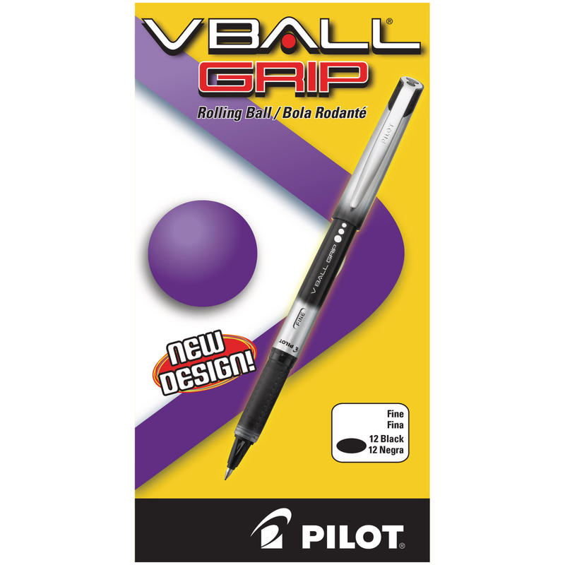 Pilot V-Ball Grip Liquid Ink Rollerball Pens, Fine Point, 0.7 mm, Metallic Silver/Gray Barrel, Black Ink, Pack Of 12 Pens (Min Order Qty 3) MPN:35570DZ