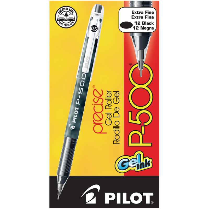 Pilot Gel Ink Rollerball Pens, P-500, Extra-Fine Point, 0.5 mm, Black Barrel, Black Ink, Pack Of 12 Pens (Min Order Qty 3) MPN:38600