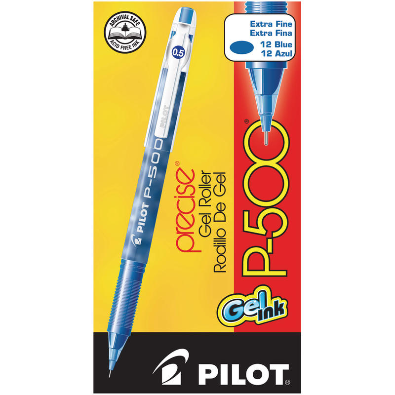 Pilot Gel Ink Rollerball Pens, P-500, Extra-Fine Point, 0.5 mm, Blue Barrel, Blue Ink, Pack Of 12 Pens (Min Order Qty 3) MPN:38601