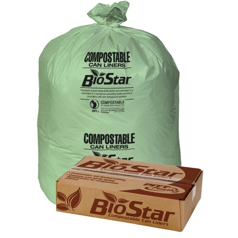 Pitt Plastics BioStar 1-mil Compostable Can Liners, 33 Gallons, 33in x 39in, Green, 10 Bags Per Roll, Case Of 10 Rolls MPN:BS33G