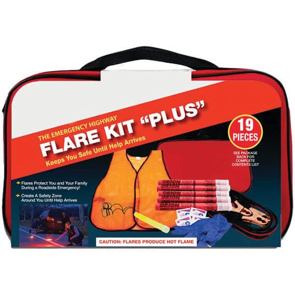 Highway Safety Kits, Includes: (2) Carrying Cases,(2) Shop Cloths,(5) 20-minute Flares,Bright Safety Vest,First Aid Products,Light Stick MPN:95-07-58