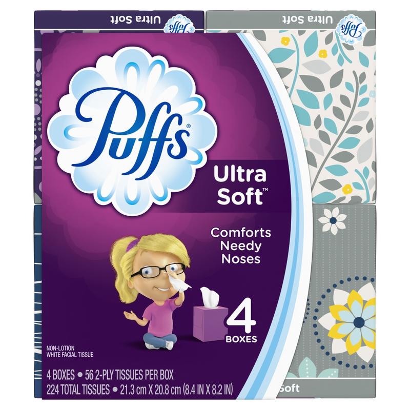 Puffs Ultra-Soft 2-Ply Facial Tissues, White, 56 Tissues Per Cube, Pack Of 4 Cubes (Min Order Qty 7) MPN:35295