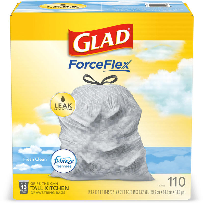 Glad ForceFlex Tall Kitchen Drawstring Trash Bags, 13 Gallon, Gain Fresh Clean, 110 Count (78554) (Min Order Qty 2) MPN:CLO78563