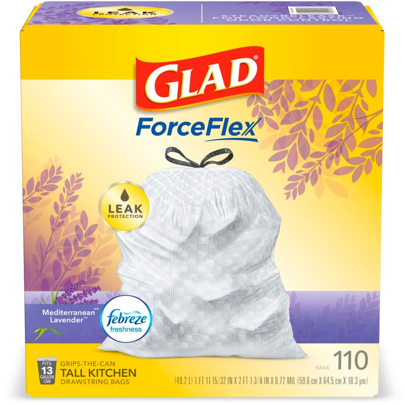 Glad ForceFlex Tall Kitchen Drawstring Trash Bags 13 Gallon White Trash Bag, Mediterranean Lavender scent with Febreze Freshness 110 Count (Min Order Qty 3) MPN:CLO79157