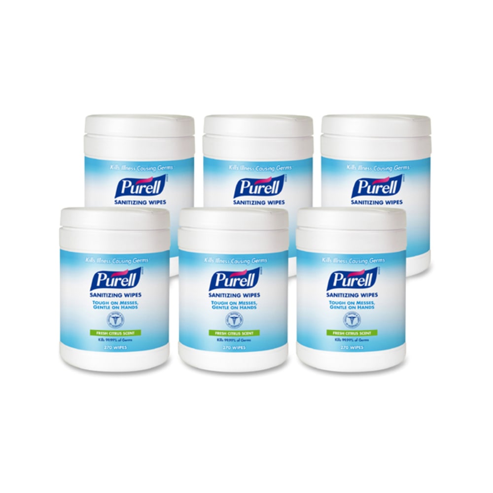 Purell Citrus Hand Sanitizing Wipes, 6in x 6-3/4in, 270 Wipes Per Canister, Carton Of 6 Canisters MPN:GOJ911306CT