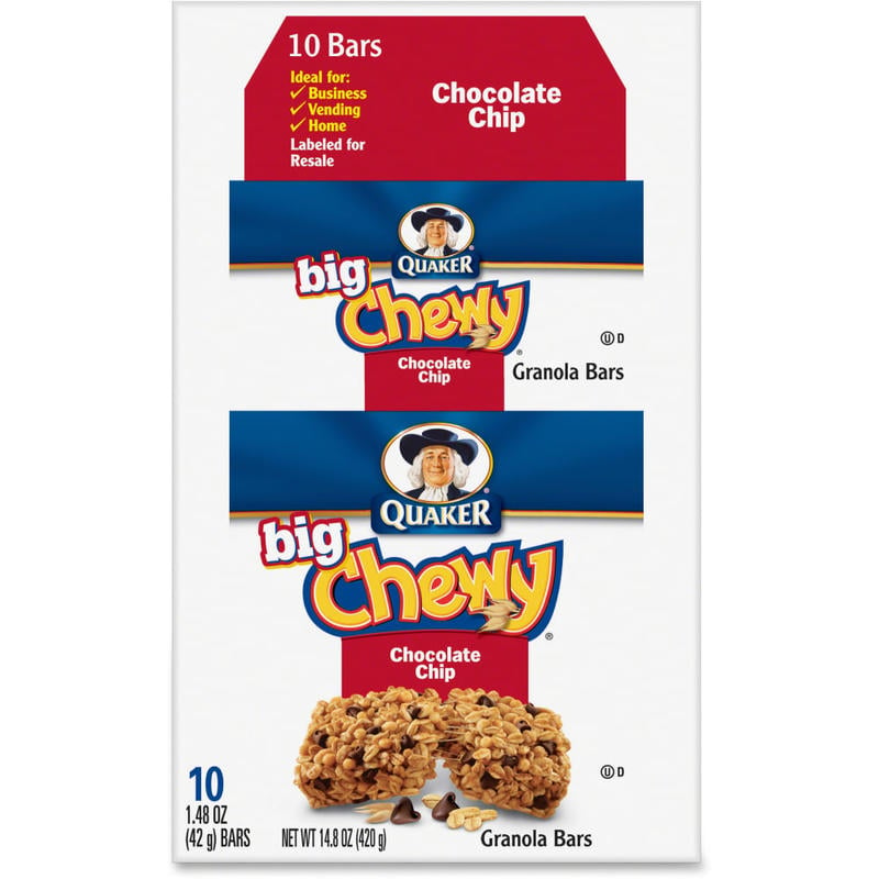 Quaker Oats Chocolate Chip Big Chewy Granola Bar - Individually Wrapped - Chocolate Chip - Box - 1.48 oz - 10 / Box (Min Order Qty 6) MPN:31565