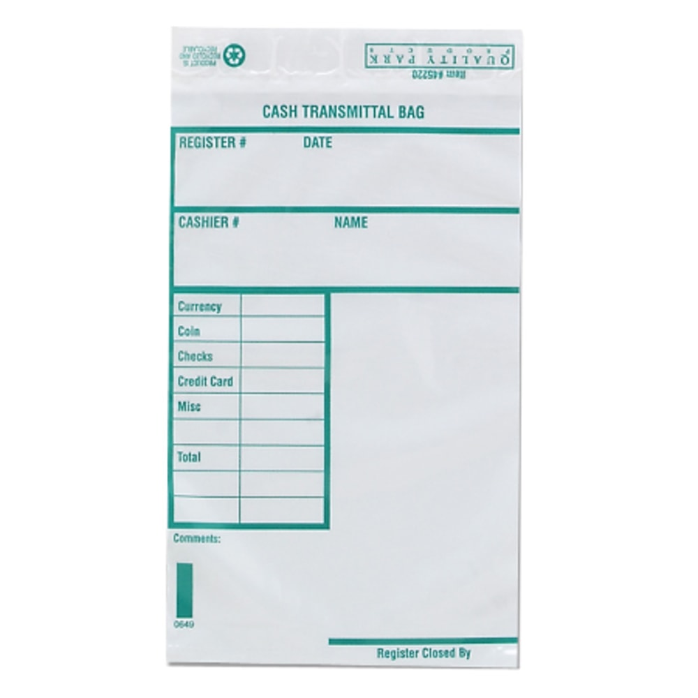 Quality Park Tamper-Evident Cash Transmittal Bags With Redi-Strip, 6in x 9in, White, Pack Of 100 (Min Order Qty 2) MPN:45220