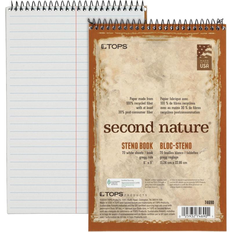 TOPS Second Nature Spiral Steno Notebook - 70 Sheets - Spiral - 0.34in Ruled - 15 lb Basis Weight - 6in x 9in - 1in x 6in9in - White Paper - Blue, Gray, Brown Cover - Acid-free - Recycled - 4 / Pack (Min Order Qty 3) MPN:74690