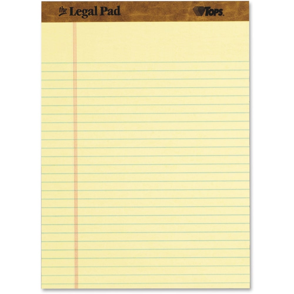 TOPS Legal Ruled Writing Pads - 50 Sheets - Stitched - Legal Ruled - 0.34in Ruled - Ruled - 16 lb Basis Weight - 8 1/2in x 11 3/4in - 0.60in x 11.8in8.5in - Canary Paper - Perforated, Chipboard Backing, Perforated, Acid-free, Sturdy B (Min Order Qty 4) MP