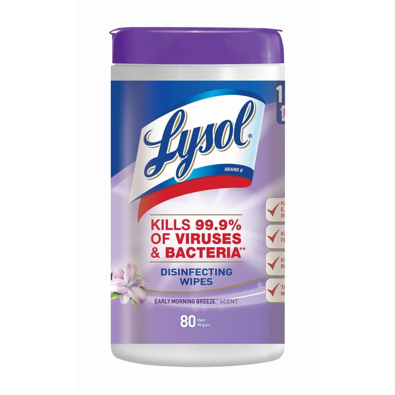 Lysol Disinfecting Wipes, Early Morning Breeze, 8in Square, White, Canister Of 80 (Min Order Qty 5)