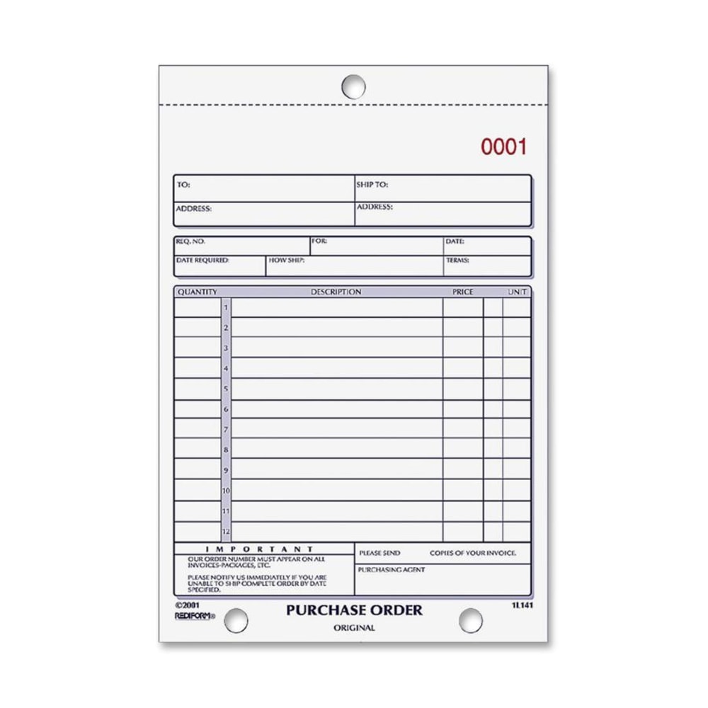 Rediform 2-part Carbonless Purchase Order Book - 50 Sheet(s) - 2 PartCarbonless Copy - 5.50in x 7.87in Sheet Size - Assorted Sheet(s) - Blue Print Color - 1 Each (Min Order Qty 7) MPN:1L140