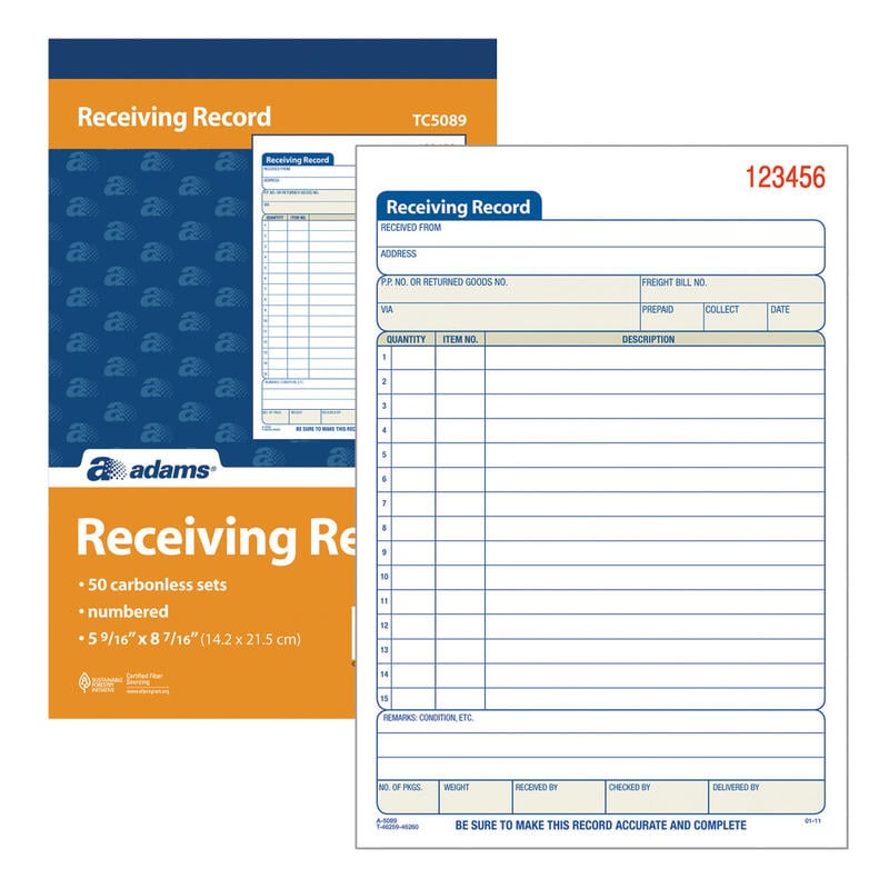 Adams Carbonless 3-Part Receiving Record Book, 5 9/16in x 8 7/16in, Book Of 50 Sets (Min Order Qty 8) MPN:2L260