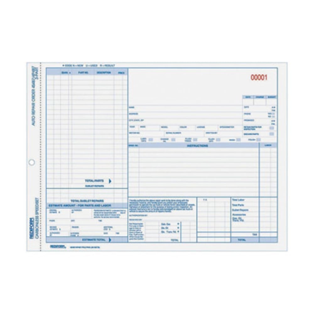 Rediform 3-part Auto Repair Order Forms - 3 PartCarbonless Copy - 11in x 8 1/2in Sheet Size - Assorted Sheet(s) - Blue Print Color - 50 / Pack (Min Order Qty 2) MPN:4P487