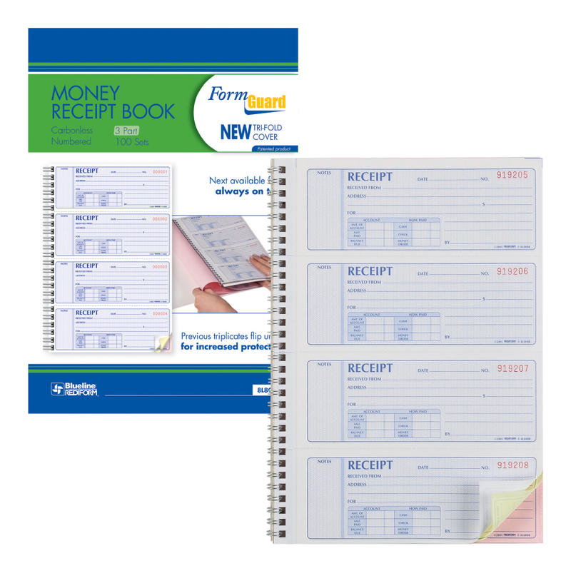 Rediform Prestige Money Receipt Book, 3 Part Carbonless, 7 5/8in x 8 1/2in, Set Of 100 (Min Order Qty 3) MPN:8L808R