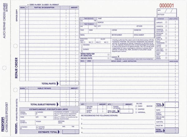 Auto Repair Form: 50 Sheets MPN:RED4P489