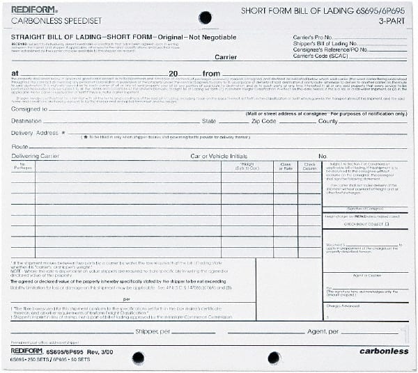 Bill of Lading: 50 Sheets, White Paper MPN:RED6P695