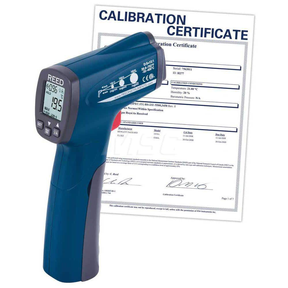 Infrared Thermometers, Display Type: Backlit LCD , Accuracy: 140F (20C) or 12% rdg. , Compatible Surface Type: Concrete, Dark, Dull, Light  MPN:R2300-NIST