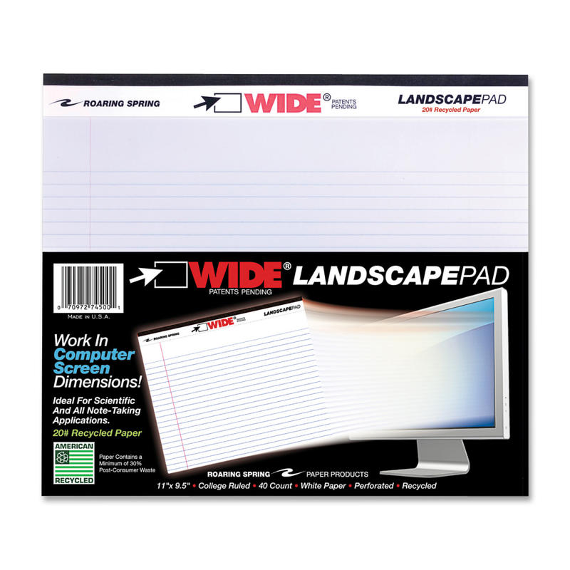 WIDE Landscape Format Writing Pad, Medium/College Rule, 11 x 9.5, White, 40 Sheets (Min Order Qty 11) MPN:74500