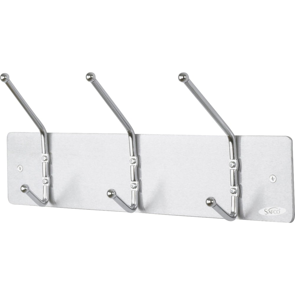 Safco Metal Wall Rack Coat Hooks, 3 Hooks, 7inH x 18inW x 3 3/4inD, Satin Aluminum (Min Order Qty 2) MPN:4161