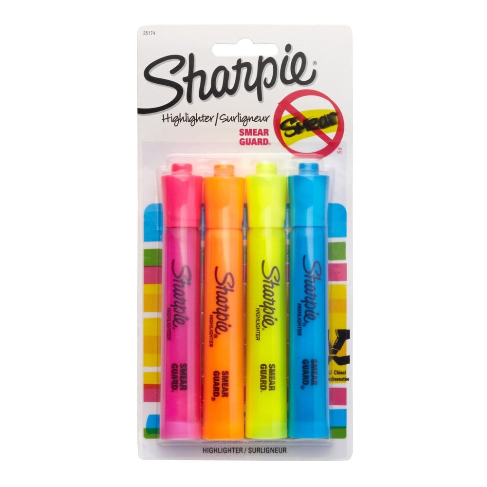 Sharpie Tank Style Highlighters, Chisel Tip, Assorted Colors, 4 Count (Min Order Qty 21) MPN:25174PP