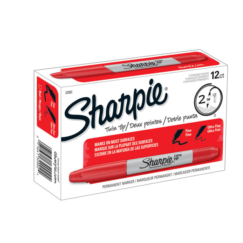 Sharpie Twin-Tip Permanent Markers, Fine/Ultra Fine Points, Red, Pack Of 12 (Min Order Qty 3) MPN:32002