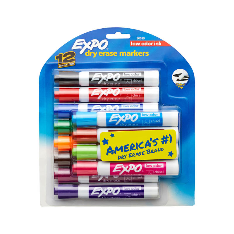 EXPO Low-Odor Dry-Erase Markers, Chisel Point, Assorted Colors, Pack Of 12, Carded Packaging (Min Order Qty 4) MPN:80699