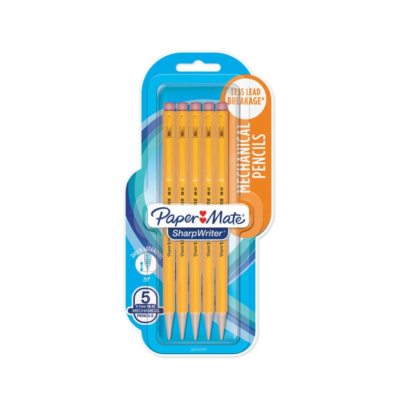 Paper Mate SharpWriter Mechanical Pencils, 0.7 mm, Yellow Barrel, Pack Of 5 Pencils (Min Order Qty 27) MPN:30376BPP